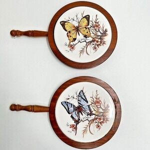Vintage Three Mountaineers Floral Butterfly Wood Framed Trivets Grandma Core